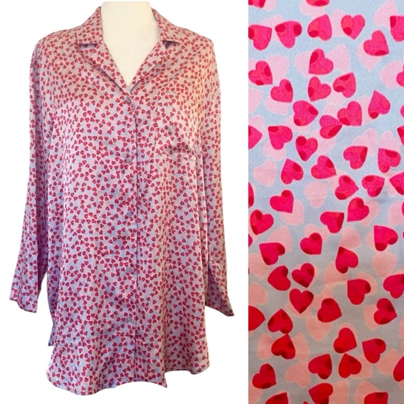 2001 Victoria’s Secret Silky Satin Pink Silver Vintage Heart Print Pajama Top - Picture 1 of 8